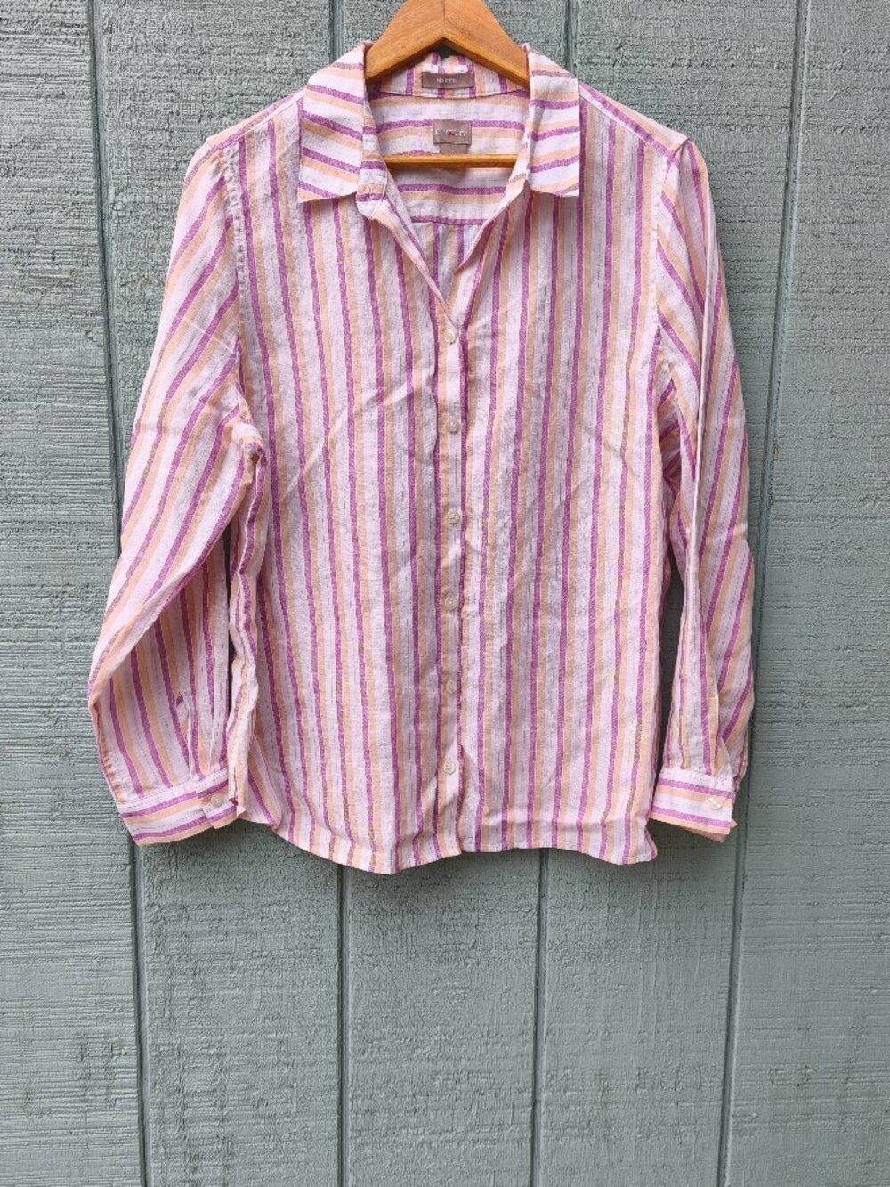 Chico's Linen Metallic No Iron Striped Metallic Button Front Top sz 2 US L Beach